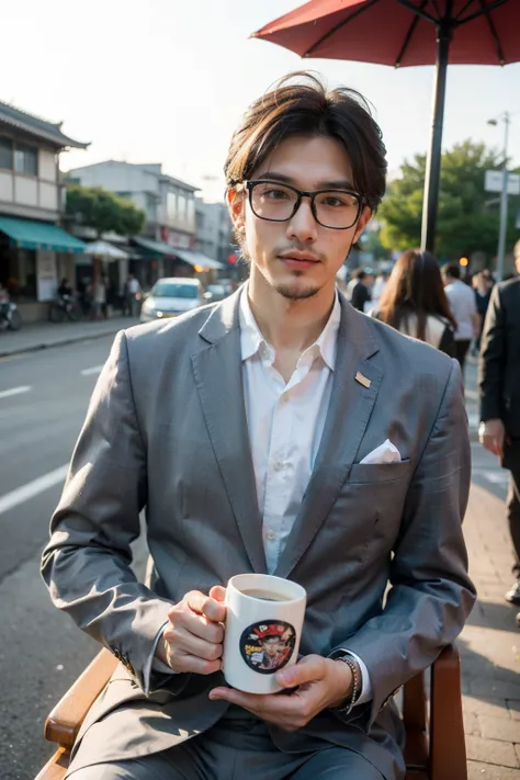 one example　
Man with glasses　oriental　Set　Beardless Purple Suit　　
comics　wide awake　With one hand in his pocket, in front of the Chihkan Building in Tainan,Sunset,Holding a colorful mug in one hand,Sitting at a cafe with parasol on the street, 
