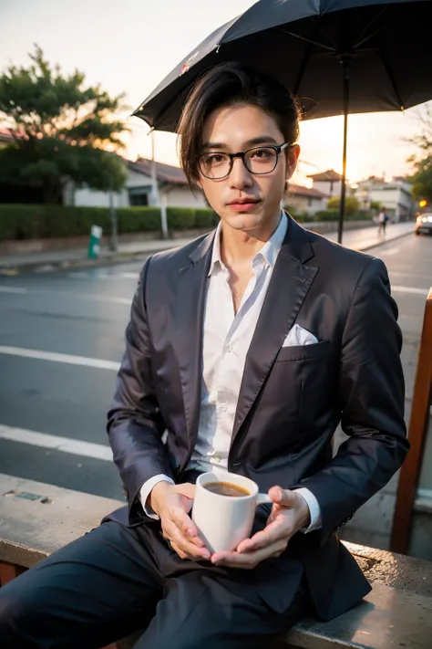 one example　
Man with glasses　oriental　Set　Beardless Purple Suit　　
comics　wide awake　One hand in pocket in front of Anping Fort, Tainan,Sunset,Holding a colorful mug in one hand,Sitting at a cafe with parasol on the street, 
