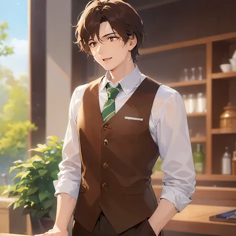 (looking away:1.5),upper body,
masterpiece、Highest quality、
BREAK (25-year-old male:1.5) and (Mahogany brown short hair) and (Green Eyes)
 BREAK,White collared shirt、（Jacket：1.5）、
（smile：1.5）,happy,open mouth,The background is inside the restaurant