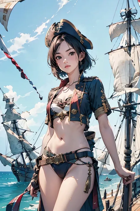 (Fascinating Female Pirate Captain:1.2)、(Take command on the deck of a pirate ship:1.2)、Off the shoulder、Sexy Looks, short hair、BREAK Caribbeanで英国海軍との海戦、(2 Galleons:1.4)、 (Naval battles:1.2)、(Close Combat:1.2)、Caribbean、 (Galleon Fire:1.2)、(Galleon Explosi...