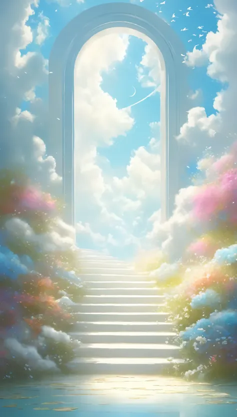 white：a beautiful ethereal landscape, a long white cloud staircase leading to a door in a quiet blue sky, ふわふわの柔らかいwhiteい雲, drea...