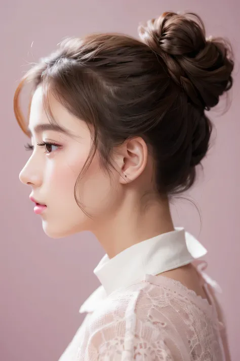 Masterpiece, Best Quality, 1girls, profile, ponytail, updo hair, nape of neck, pink lips, slightly upturned nose, long eyelashes, realistic skin texture, attractive face, blurred, white background