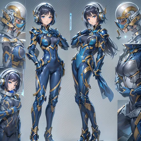 (masterpiece、Highest quality、Highest Resolution、Clear_image、Detailed details、Angle from above): (Whole body、One 20 year old girl、Japanese Faces、Small Face、Slender、Navy blue super short bob cut hair、(Hidden small breasts:1.3)、Sparkling blue eyes、Shiny pilot...