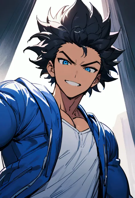 teenage boy, hair combed up, short length hair, Bblack hair, Large character, 2.30 tall, chest and muscular arms, confident grin, white  shirt, school blue jacket, eyes black