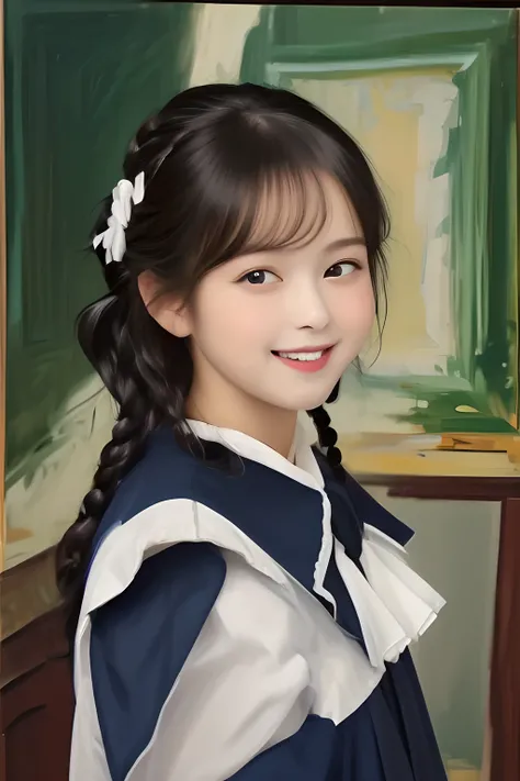 (highest quality, masterpiece, high resolution:1.2), 4K, (Paintings by Vigée Leblanc: 1.4) , (carefully detailed face), geometry, Laughing cutely, (Navy-colored neat school uniform), (high school class room)