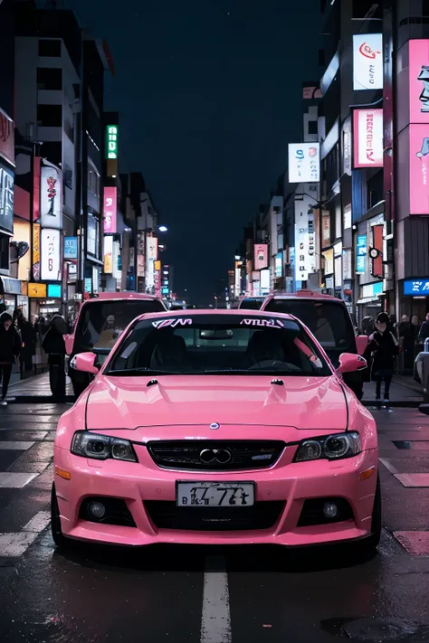 JDM pink car in Tokyo night,Cyberphunk, neon, lights, HD, front view