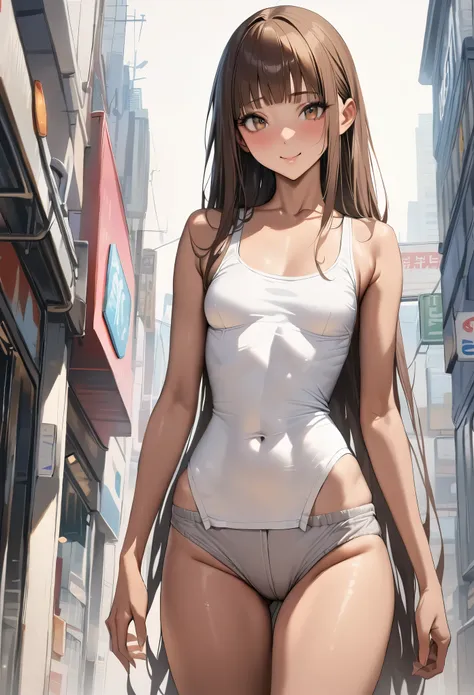 ((masterpiece,best quality anime,Highest quality:1.3)),realistic,cowboy shot,20 year old beauty,独奏,1woman,((very small head:1.3)),((very long body:1.2)),ideal ratio body proportions,tan skin,brown hair,bangs,straight long hair,gorgeous eyes,brown eyes,smil...