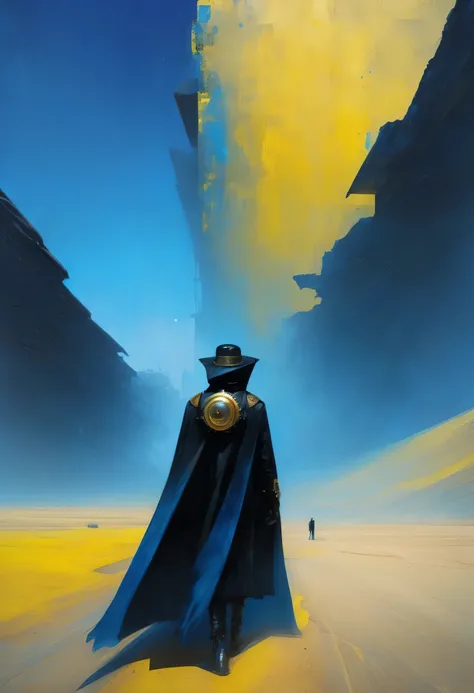 Alone man in black cape and steampunk costume in the desert, blue and yellow art, steampunk and hooded mask, 4D high relief texture painting, 8k, futuristic vintage, full body view, vaporpunk, photorealism, abstract impressionism, arte por Jeremy Mann