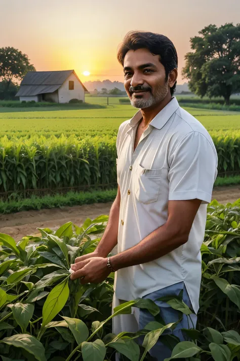 Illustrate serene village landscape at sunrise, with a modest farmhouse at the center surrounded by lush green fields. Raghav, a middle-aged farmer with a kind face and simple attire, is seen happily working in the field, showcasing a moment of bliss as he...