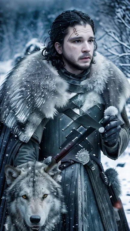 cinematic poster of jon snow holding a sword, accompanied by a white wolf, in the snow. (hdr: 1.4), (cinematic lighting: 1.4), m...