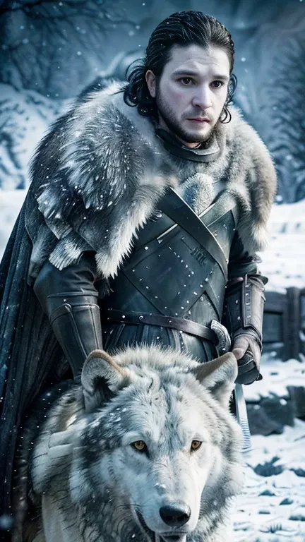 cinematic poster of jon snow holding a sword, accompanied by a white wolf, in the snow. (hdr: 1.4), (cinematic lighting: 1.4), m...