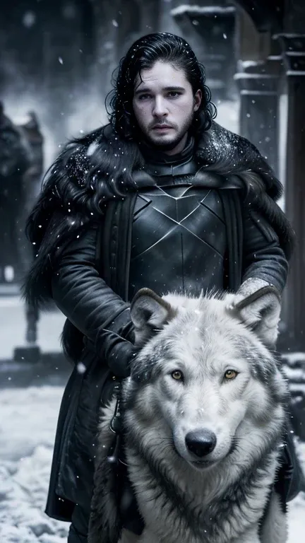 cinematic poster of jon snow holding a sword, accompanied by a white wolf, in the snow. (hdr: 1.4), (cinematic lighting: 1.4), m...