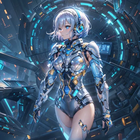 ((Holographic glow effect)),(masterpiece、Highest quality、Highest Resolution、Clear_image、Detailed details、Angle from above): (Whole body、One 20 year old girl、Japanese Faces、Small Face、Slender、Navy blue super short bob cut hair、(Hidden small breasts:1.3)、Spa...