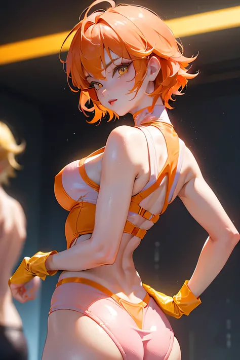 Beautiful adult woman、((Orange short hair))(Yellow Eyes)、(Cutie Honey in a sexy pink outfit)、cyber punk、Close-up of toned buttocks、Beautiful woman looking back