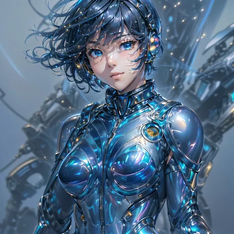 ((Holographic glow effect)),、(masterpiece、Highest quality、Highest Resolution、Clear_image、Detailed details、Angle from above): (Whole body、One 20 year old girl、Japanese Faces、Small Face、Slender、Navy blue super short bob cut hair、(Hidden small breasts:1.3)、Sp...