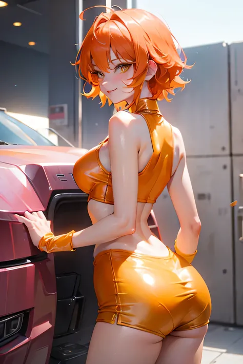 Beautiful adult woman、((Orange short hair))(Yellow Eyes)、(Cutie Honey in a sexy pink outfit)、cyber punk、Small butt close up、Smiling with embarrassment