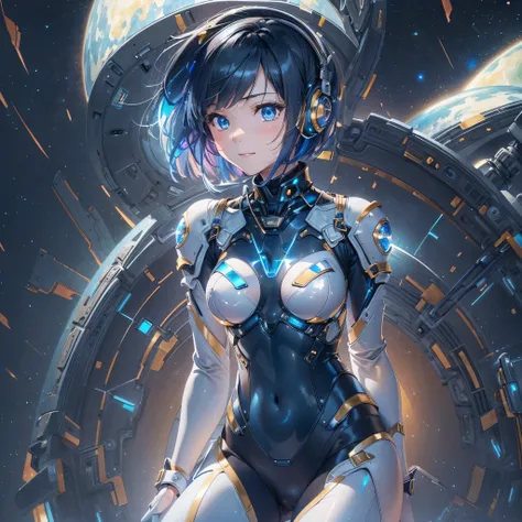 ((Holographic glow effect)),、(masterpiece、Highest quality、Highest Resolution、Clear_image、Detailed details、Angle from above): (Whole body、One 20 year old girl、Japanese Faces、Small Face、Slender、Navy blue super short bob cut hair、(Hidden small breasts:1.3)、Sp...