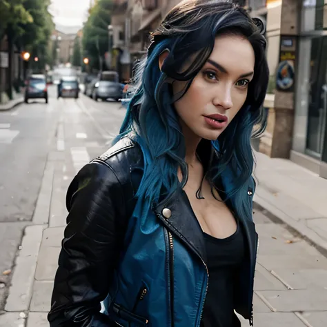 Megan Fox as long blue hair sexy leather jacket in street