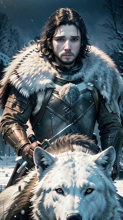 cinematic poster of jon snow holding a sword, accompanied by a white wolf, in the snow. (hdr: 1.4), (cinematic lighting: 1.4), m...