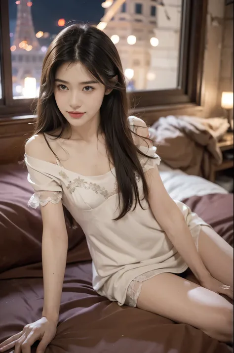 (((best quality))), (((ultra detailed))), (((masterpiece))), illustration,((a beautiful girl,solo)),(collarbone length straight hair:1.3),((slim,thin)),((small breasts,flat chest)),window, city view, twinkling lights,(torn tattered short-sleeved nightgown:...