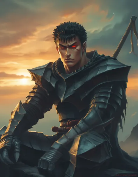 Guts (Berserk), Digital painting featuring a dark, fantasy-themed scene with anatomically correct human Guts berserk proportions, inspired by the style of Kentaro Miura, with a Seinen manga aesthetic. The layout is vertical, with the central subject being ...