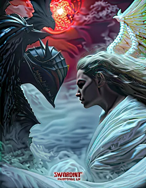Fantasy-style illustration featuring a dramatic and intense scene. The layout is vertical, with a large, ethereal figure on the right side, draped in flowing white robes and possessing large, detailed wings. The figure has a serene, almost sorrowful expres...