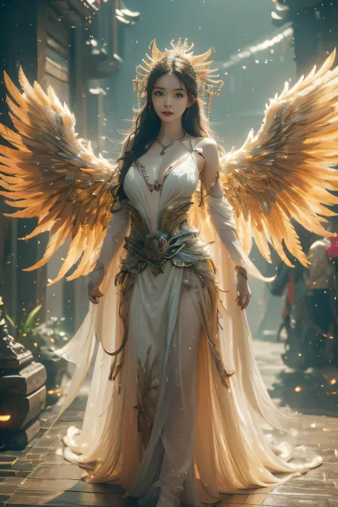 masterpiece, best quality, (Extremely detailed CG unity 8k wallpaper), (best quality), (Best Illustration), (The best shadow), absurd, Realistic lighting, (abyss), Beautiful and delicate light, Peter Moore (Peter Mohr Bacher) Artworks,Oversized wings。Angel...