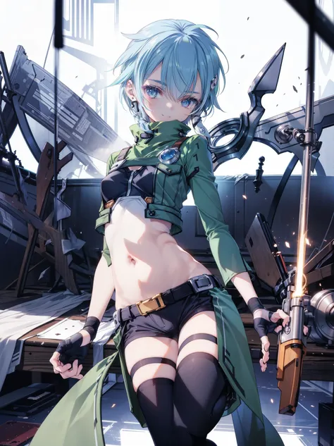 yuffiekisaragi, Yuffie Kisaragi,Haircuts, pixie cut,
壊す crop top, fingerless gloves, fishnet Thighhighs, fishnet, forehead protector, gloves, head band, belly button, short shorts, shorts, single sleeve, single thigh high, No sleeve, No sleeve turtleneck, ...