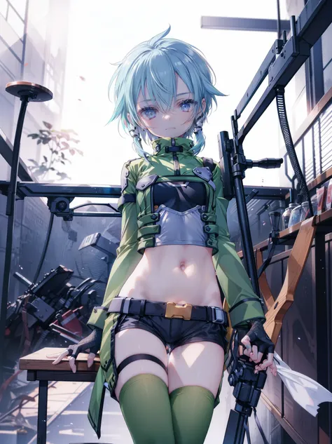 yuffiekisaragi, Yuffie Kisaragi,Haircuts, pixie cut,
壊す crop top, fingerless gloves, fishnet Thighhighs, fishnet, forehead protector, gloves, head band, belly button, short shorts, shorts, single sleeve, single thigh high, No sleeve, No sleeve turtleneck, ...