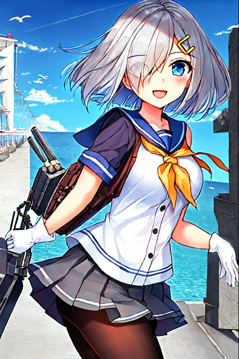 best quality, masterpiece, highres, solo, {hamakaze_kantaicollection:0.90}, 1girl, black_pantyhose, pleated_skirt, serafuku, short_sleeves, simple_background, white_background, yellow_neckerchief, white_gloves, looking_at_viewer, grey_skirt, blush, eyes_vi...