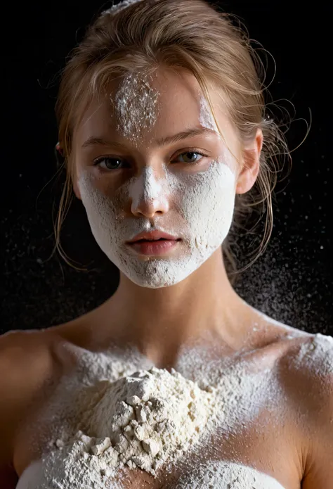 The photograph shows a model, flour-coated, creating an impressive contrast on the skin. The light texture of the flour emphasizes body shapes, creating an artistic and sensual image. The overall tone of the photo is soft and elegant, with an emphasis on d...