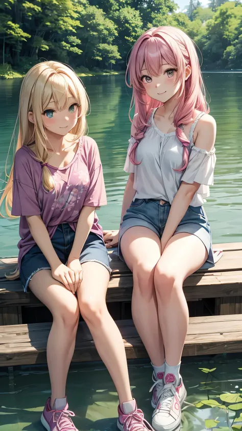 Sakura Mizuki, an 18-year-old girl with waist-length pink hair and large jade green eyes, and her friend Yuki, who has long blonde hair in loose waves and large amethyst purple eyes, are spending a serene day fishing by a tranquil lake surrounded by lush g...