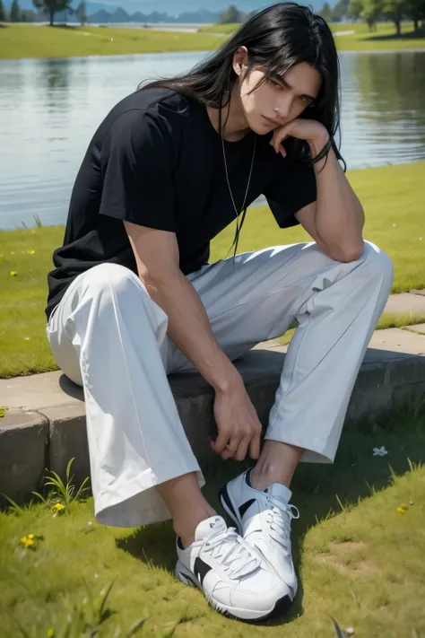 Man with long black hair, He wears a black shirt and white pants with white tennis shoes., sitting on the grass near a lake