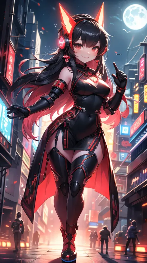 1 girl, Chinese_clothing, liquid black titanium and Red, Cyberhan, cheongsam, Cyberpunk city, Dynamic poses, Detailed glowing headphones, Glowing Hair Accessories, Long hair, Luminous Earrings, luminous necklaces, Cyberpunk, High-tech city, full of mechani...