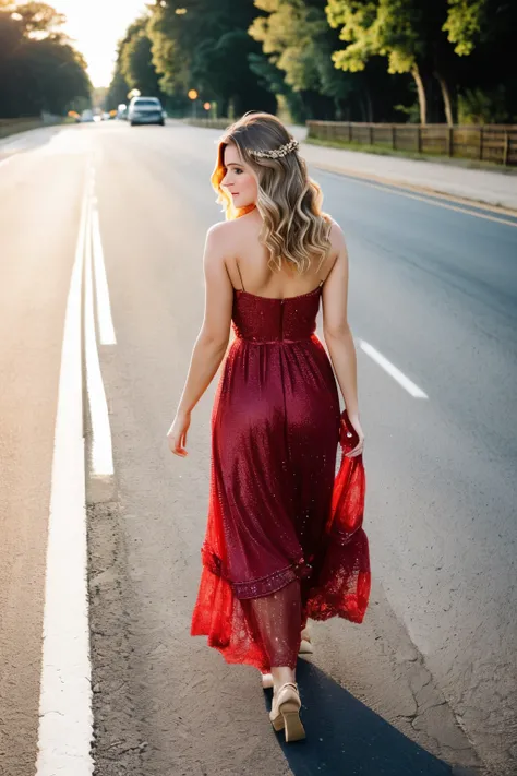 Beautiful brunette with blonde highlights, aged 22, is walking gracefully in a red princess dress along the roadside. Her innocent face is illuminated by the setting sun, revealing subtle freckles and sparkling brown eyes. The delicate waves of her natural...