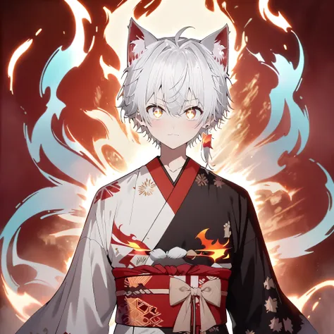 cat_boy,1boy,male focus, animal ears,white hair,single long lock,((split color kimono)),(white kimono),(black kimono),(red lapel...