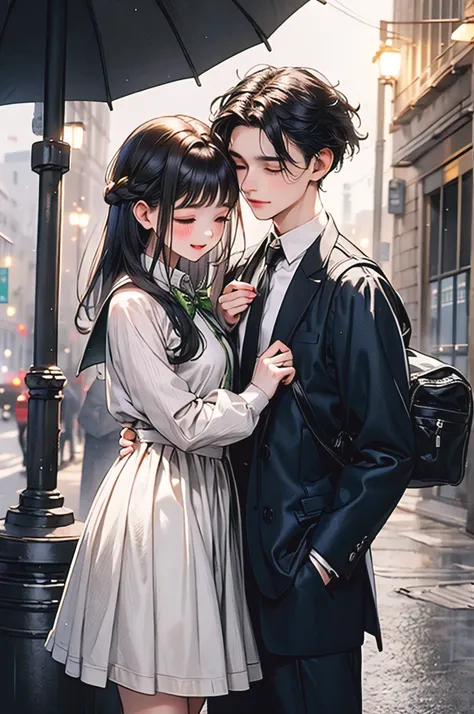 In a picturesque urban setting, the scene unfolds during a gentle rain shower at twilight. A young couple stands intimately close, sharing a clear umbrella that reflects the soft glow of street lamps. The boy, dressed casually in a green jacket and carryin...