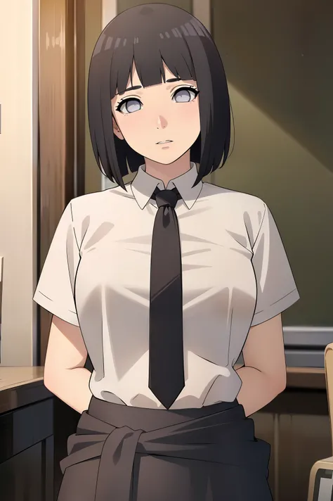 (black hair:1.5), (short hair:1.3), white eyes, ((mature female)), 
BREAK (school uniform, white shirt, necktie, black necktie, black skirt, short sleeves, clothes around waist:1.2),
BREAK ((Drunken eyes,Cock Slut、red blush)), ((hands behind back:1.5)),
BR...