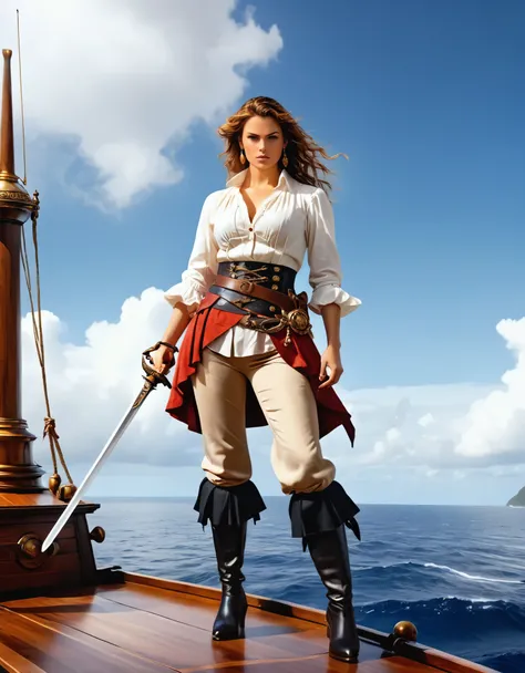 a portrait of a woman pirate holding a ((sword: 1.5)) on a pirate ship ready for battle, ((full body: 1.5)), ((anatomically correct: 1.5)), (ultra detailed face: 1.2), looking tense, looking dangerous, dynamic eye color. dynamic hair color, dynamic hair s...