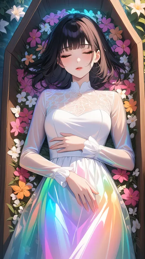 masterpiece, best quality:1.3, 1girl, medium hair, black hair, blunt bangs, white long dress, long sleeves, hand on own stomach, spiders flowers, implied death, sleeping inside coffin , straight-on, transparent colorful vinyl clothing, detailed face, close...
