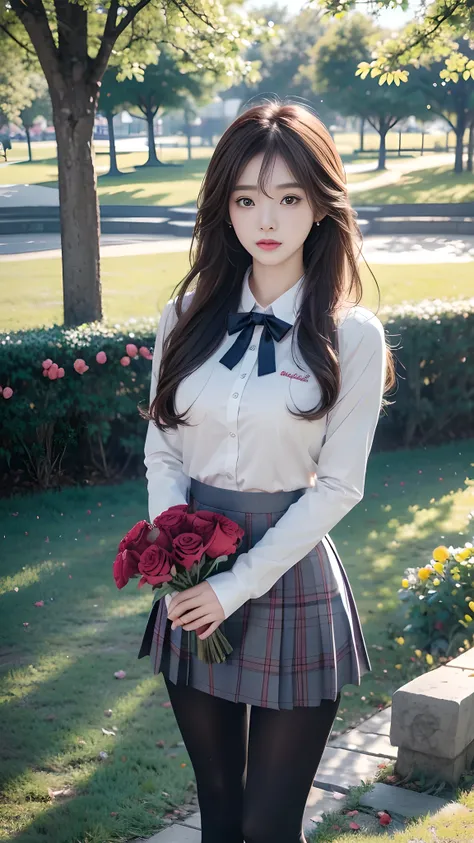ulzzang-6500-v1.1, (RAW photo: 1.2), (Real photo), (Real photo: 1.4), 1 girl、Perfect anatomy、20 years old、Looking at the camera、Medium length hair、Uniform skirt, skirt, Holding a bouquet of roses, ((in the park: 1.1))、(Hyperrealistic tights: 1.2), (Busines...