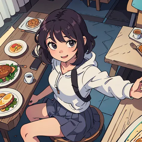 (Highest quality:0.8) Perfect anime illustration, cute, Happy woman with short curly brown hair, Wearing a hoodie, skirt,Sitting around the dining table,dinner