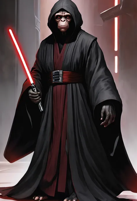 masterpiece, best quality, A Darth Sidious as humanoid simian (monkey) cloaked in sith robes his warm grey face peeking from under the black hood with a devilish smile, sith outfit, 4 arms, extra arms