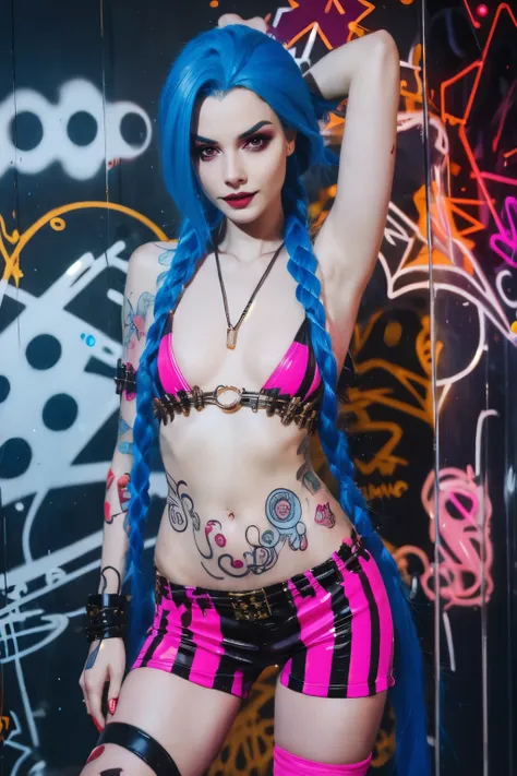 Cosplay hyperrealisti super detalhado de Jinx, wearing bikini and shorts, very detailled, (hyperrealisti: 1.4), in dynamic pose, brave face, twin braids, long hair, hair blue, Eyes red , wearing a Jinx costume, arcane style. (( Cinematic graffiti backgroun...