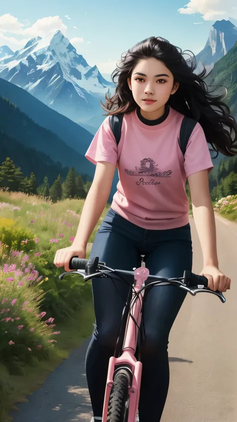 ((best quality)), ((masterpiece)), (detailed), A digital illustration of a long black haired teenage girl riding a pink bicycle with a scenic background of mountains and greenery