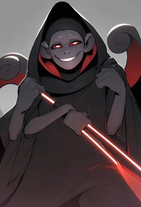 masterpiece, best quality, A Darth Sidious as humanoid simian (monkey) cloaked in sith robes his warm grey face peeking from under the black hood with a devilish smile, sith outfit, 4 arms, extra arms