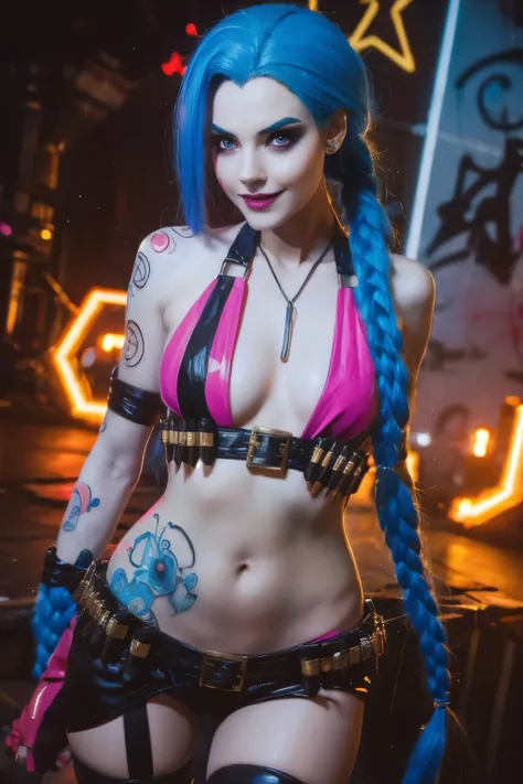 Cosplay hyperrealisti super detalhado de Jinx,  very detailled, (hyperrealisti: 1.4), in dynamic pose, brave face, twin braids, long hair, hair blue, Eyes red , wearing a Jinx costume, arcane style. (( Cinematic graffiti background)). 