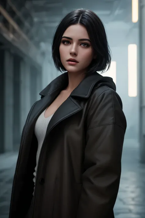 Beautiful girl with realistic black eyes, pale skin, medium length black hair, perfect face, Perfect eyes, in a coat, very detailed, all-encompassing cinematic, digital painting, 8 K, cinematic lighting, Best quality, a high resolution, Detailed work, Post...