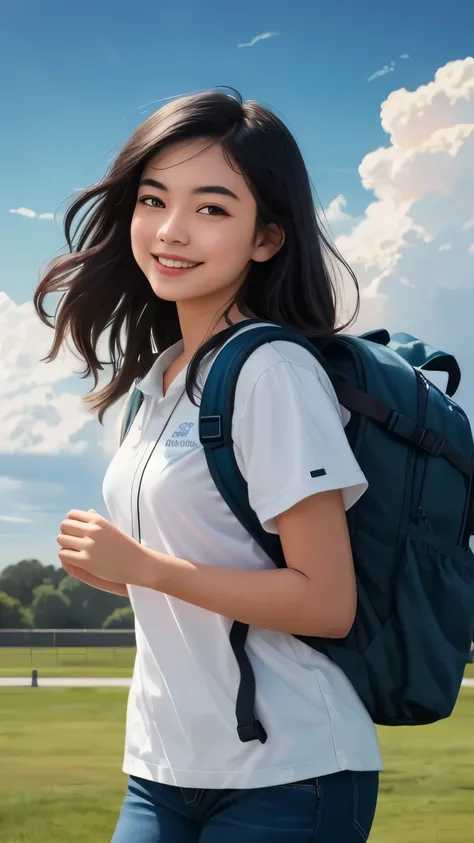 ((best quality)), ((masterpiece)), (detailed), A digital illustration of a long black haired teenage girl walking on a school campus with a backpack and a smile on her face, with a cloudy sky in the background.