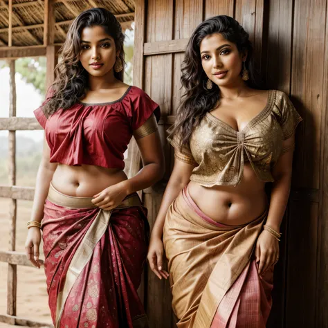 3girls, realistic photograph of three young rustic tamil village belle dressed in an ((unhooked blouse and indian skirt)) standi...